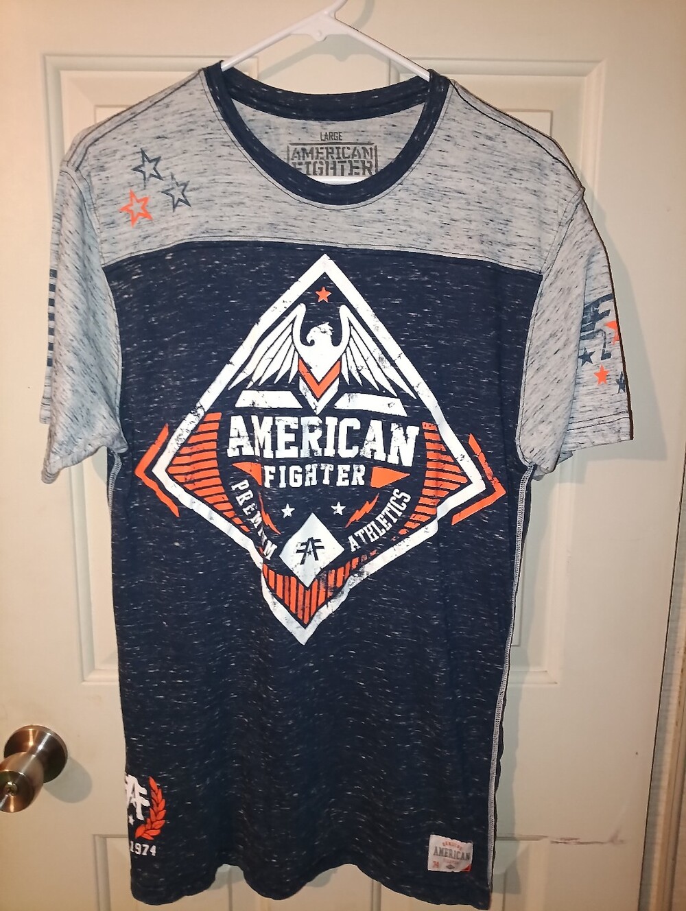American Fighter Buckle Mens Navy, Heather Gray & Orange Graphic Tee Large
